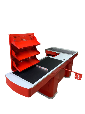 Супермак со стеллажом, транспортер 1200мм, общая длина 2620 мм, красный, в комплекте с полками 